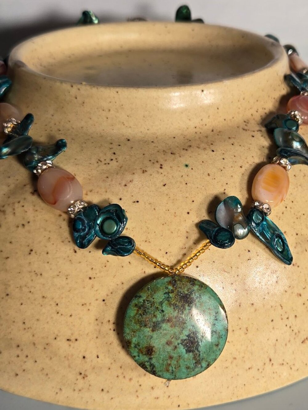 Natural Turquoise Pendant Necklace, Teal Keshi Pearl Statement Choker, Agate NEW